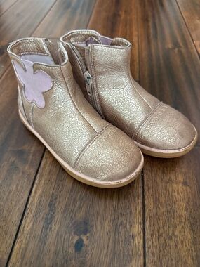 Livie & Luca Metallic Rose Gold Ankle Boots with Pink Butterfly